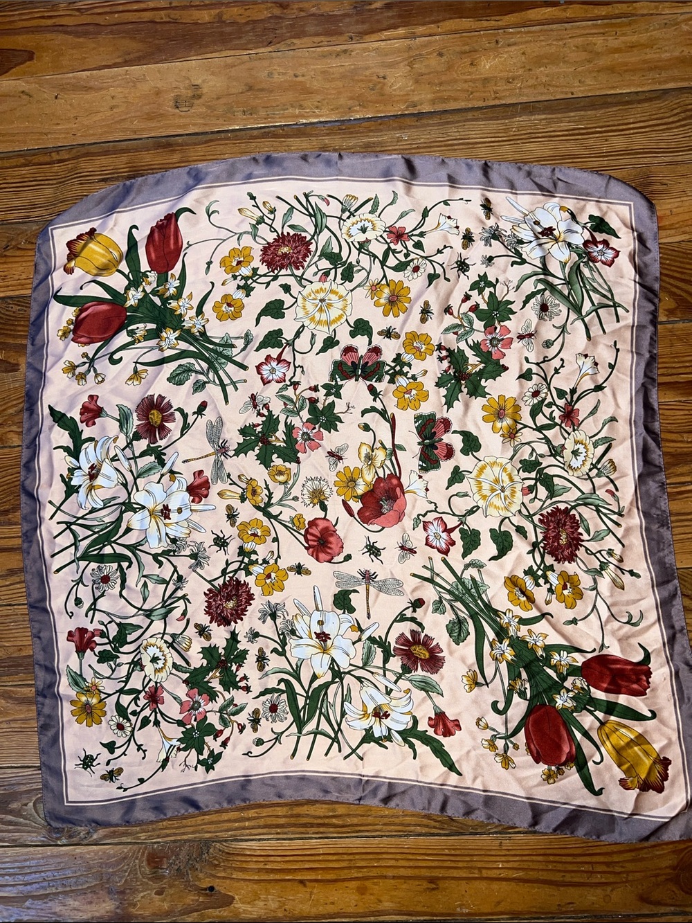 Floral Scarf in Blush, Red, Yellow, Green Floral Dragonfly Insects Bees